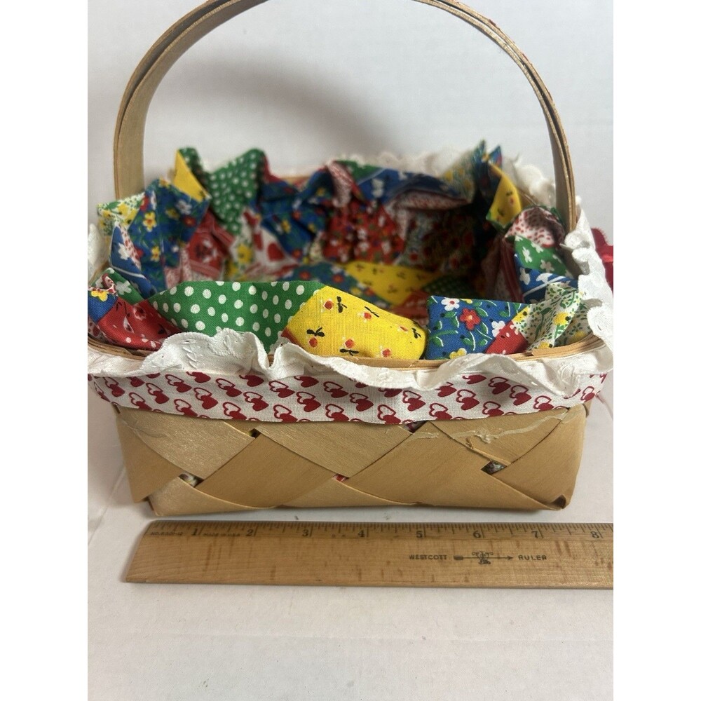 Woven Basket Fabric Cushioned Liner Heart Trim 7.5” Farmhouse Grannycore Decor - Picture 11 of 16